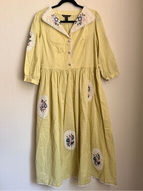 RARE Vintage-Inspired Yellow Maxi Dress with Floral Embroidery 100% cotton